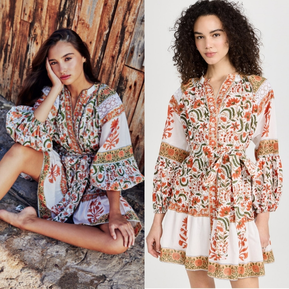 Charina Sarte Amara Bohemian Long Sleeve Mini Dress Orange White Small